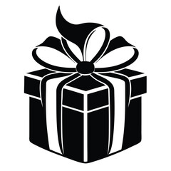 Black Silhouette Gift Box with Elegant Bow and Ribbon on White Background. Present Icon