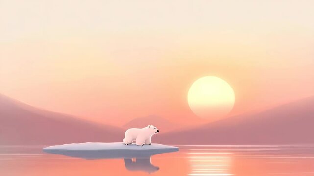 Polar bear iceberg sunset pastel landscape reflection serene climate change, arctic animal nature landscape, polar bear stands
