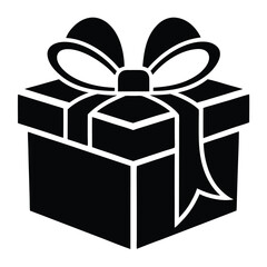Isolated Black Silhouette of Wrapped Gift with Bow, Ribbon on White Background