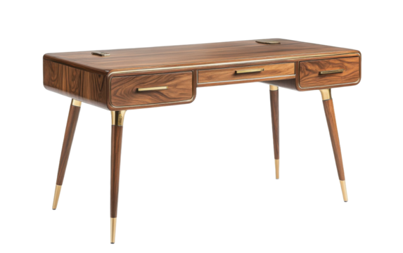 Wooden desk with three drawers and a gold handle on transparent or white background,png