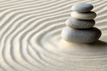 Fototapeta na wymiar Peaceful Japanese Zen garden with smooth sand and stone stack high resolution photo