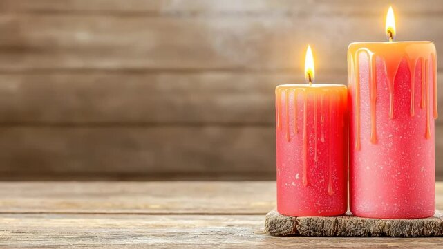Red candle wax flame wood rustic cozy warm romantic peaceful decor relaxation burning light holiday soft glow melted wick two