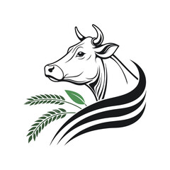 Elegant Cow Head with Wheat and Grass Vector Illustration