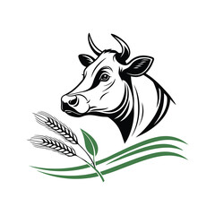 Elegant Cow Head with Wheat and Grass Vector Illustration