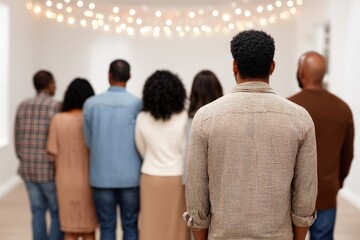 Obraz premium Group of people seen from behind in casual clothing gathering under ambient light forming symbolic concept of community inclusion social cohesion and diversity