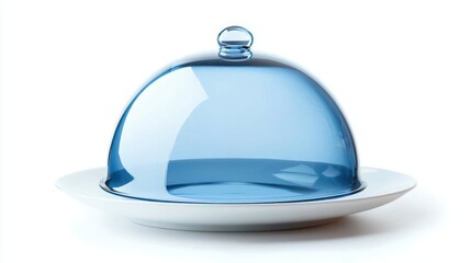 Obraz premium Blue serving cloche with reflective surface raised over a white plate on white background.