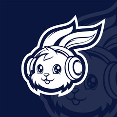 Cute rabbit with headphone mascot esport logo design illustration