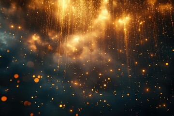 Golden sparks rain down through dark clouds, creating a magical, ethereal atmosphere.