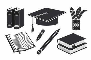 Graduation icons books cap pencils representing education knowledge and academic achievement in a simple black and white