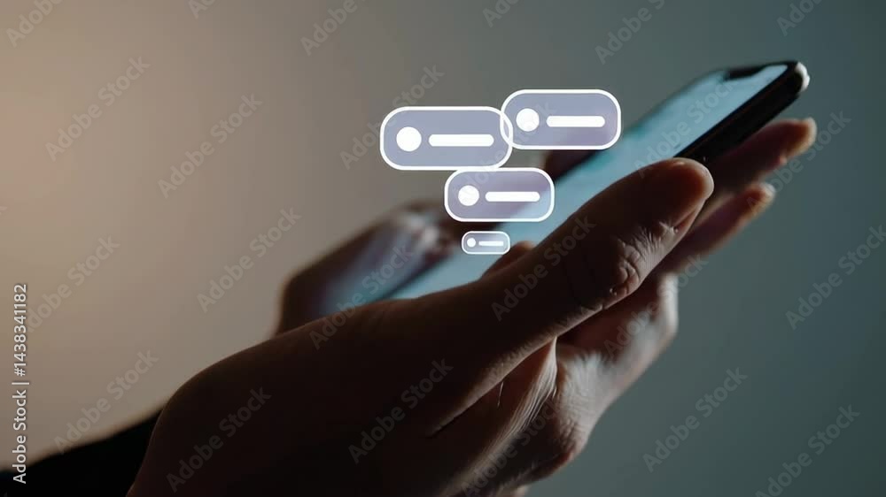 Poster digital notification barrage overwhelming smartphone display, signaling constant connectivity and mo
