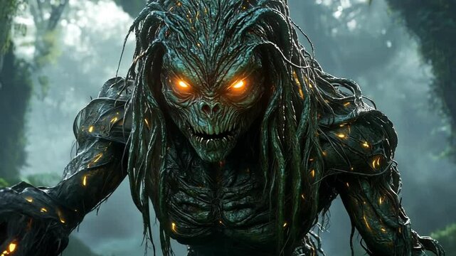 Terrifying Forest Creature: Glowing Eyes, Dark Jungle