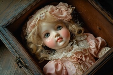 A porcelain doll with blond hair, wearing a pink lace dress, sits inside an antique wooden box.