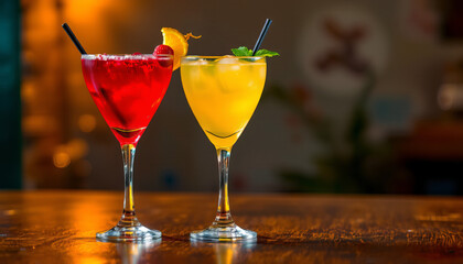 Refreshing cocktails in vibrant colors, one red and one yellow, served in elegant glasses