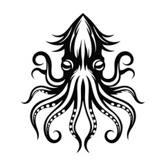 Fototapeta premium Detailed Black Silhouette Squid with Intricate Tentacles on White