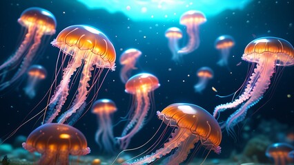 Naklejka premium Luminous Jellyfish Dream - Underwater Marine Life with Bioluminescence for Educational Charts, Science Illustrations, Calming Wall Art.