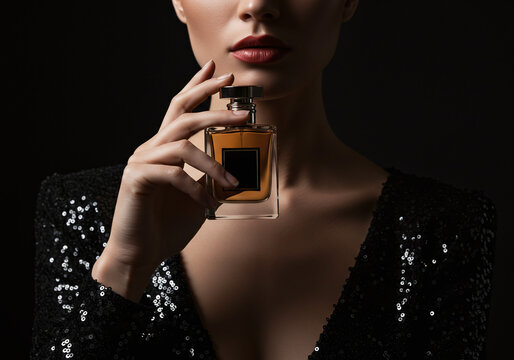 Elegant woman in a classic black dress holding a perfume bottle with grace, highlighting mystery and charm.