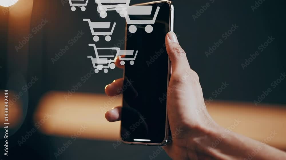 Aufkleber Multiple shopping cart icons float down from the top of a smartphone screen held by a customer, symbolizing numerous online orders or notifications related to e commerce and online retail