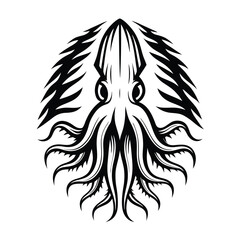 Silhouette Squid with Tentacles Black and White, Minimalist Isolated Design Art