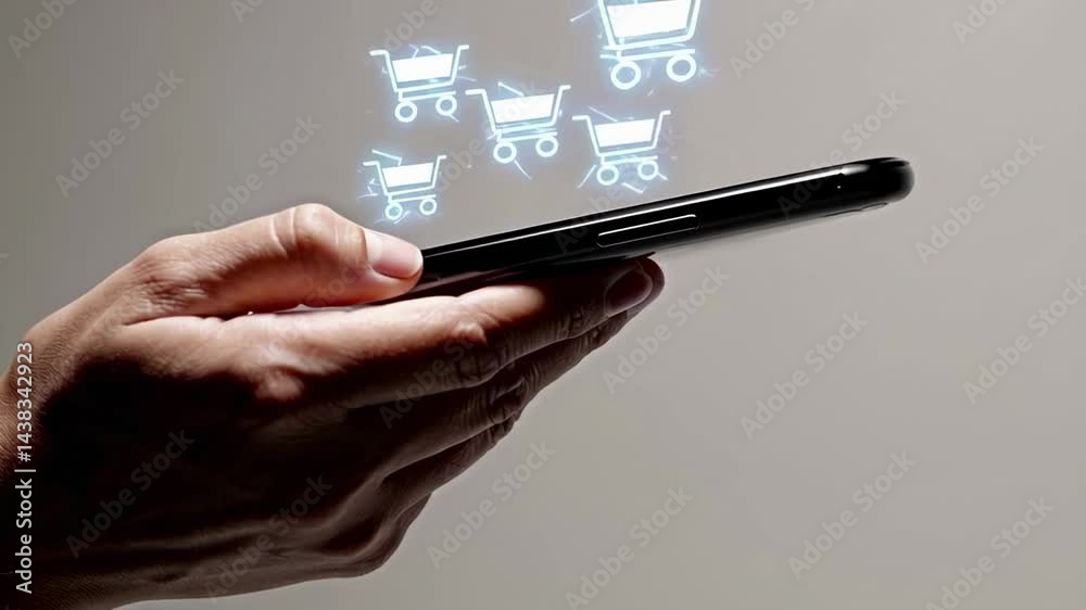 Poster multiple shopping cart icons float above a smartphone held by a person against a neutral background,