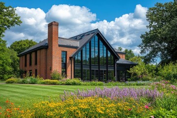 Fototapeta premium Modern brick building with large glass windows surrounded by vibrant flowers and greenery on a sunny day in a serene landscape