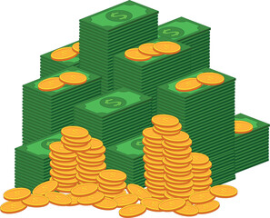vector illustration of stack of dollar bills and gold dollar coins, suitable for economics and finance fields