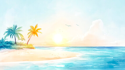 Watercolor beach morning on island with sunny sky