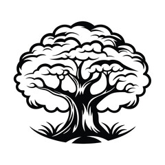 Isolated Tree Silhouette, Black and White Art, Bold Trunk, Rounded Foliage, Grassy Base