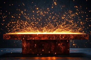 Sparks fly from a welding process on a rustic metal surface, creating a dramatic display of light and energy.