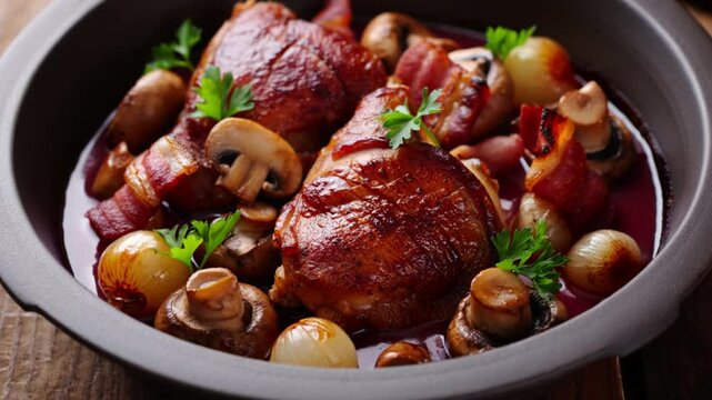 Classic French Coq au Vin &ndash; Tender Chicken in Rich Red Wine Sauce with Mushrooms & Bacon