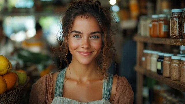 A friendly shopkeeper, radiates warmth and sincerity while posing in her shop, inviting customers in, fostering a welcoming and delightful atmosphere.