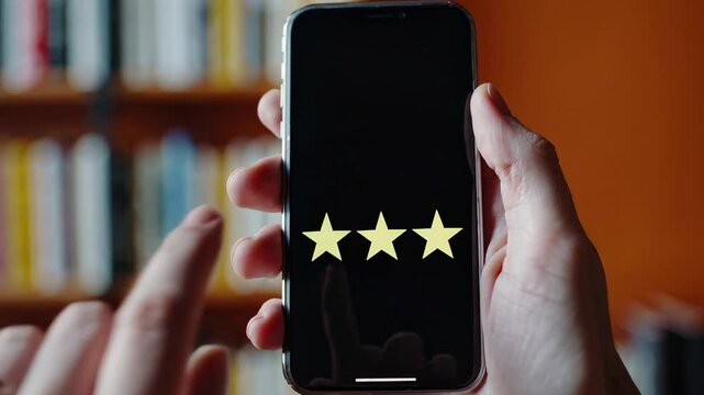 Hand gripping mobile device, tapping three star review against shadowy screen, blurred bookshelf lending soft contextual depth to digital rating interaction