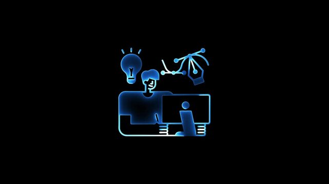 Neon graphic designer creating vector artwork on computer with idea light bulb