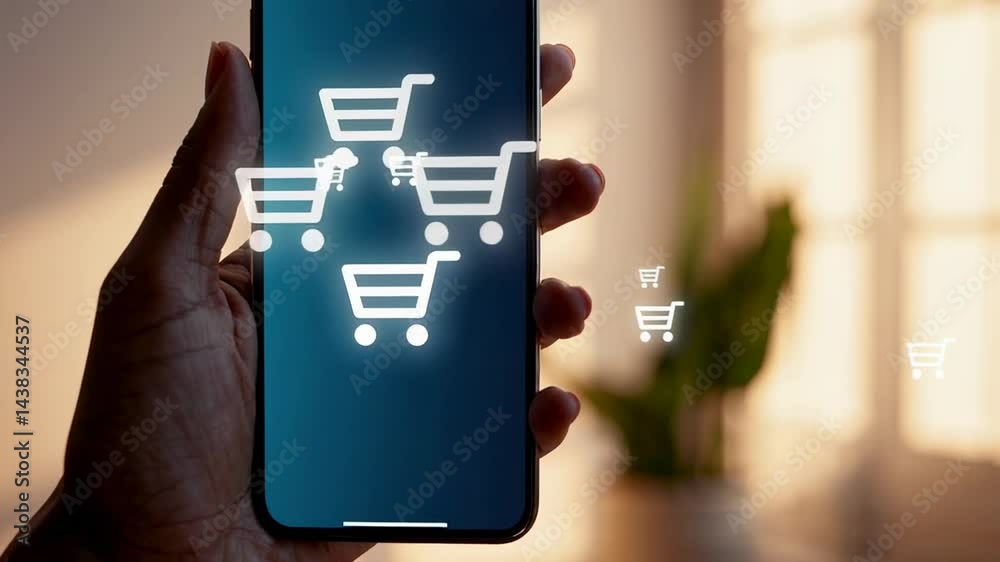 Aufkleber Smartphone hand grasping screen, displaying dynamic shopping cart icons pulsing with digital commerce energy, symbolizing modern mobile purchasing experience