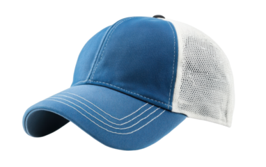Blue and white hat with a mesh design on transparent or white background,png