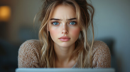 A young woman with a laptop, worried expression, hacked device concept