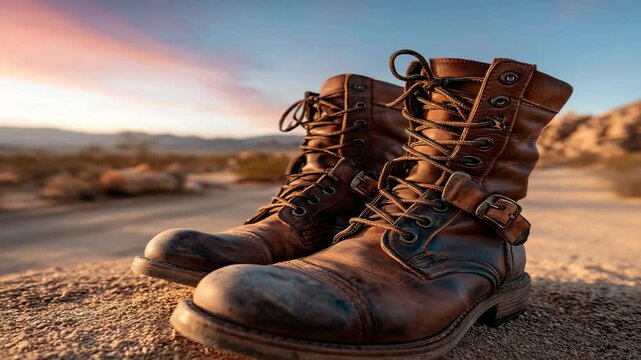 Worn leather boots sit on desert ground at sunset, conveying themes of travel, adventure and durable footwear.