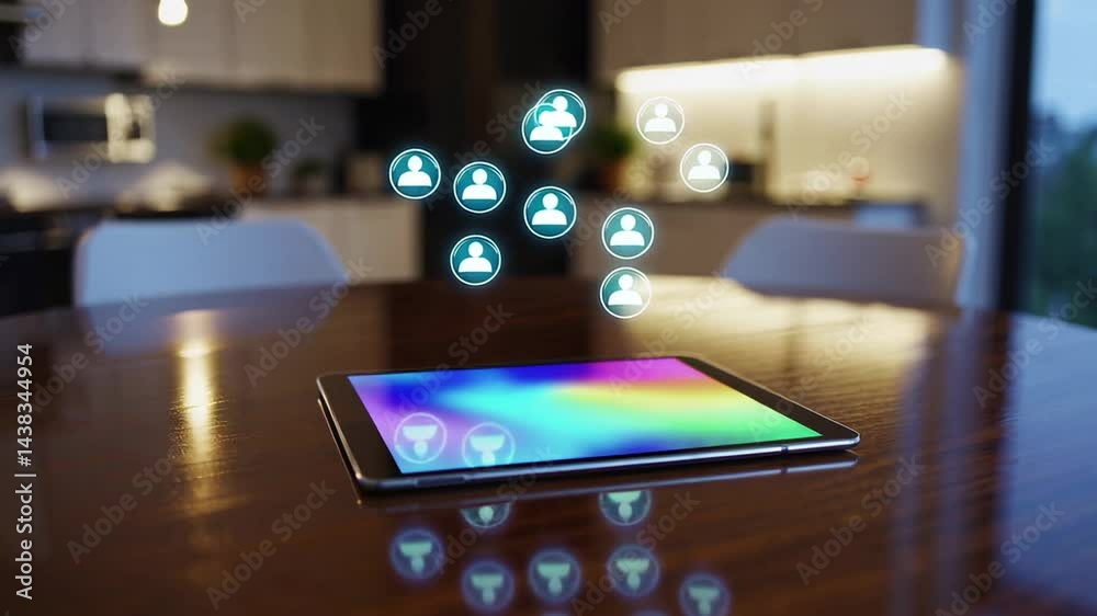Poster glowing social media icons float above a tablet on a wooden table in a modern home setting, represen
