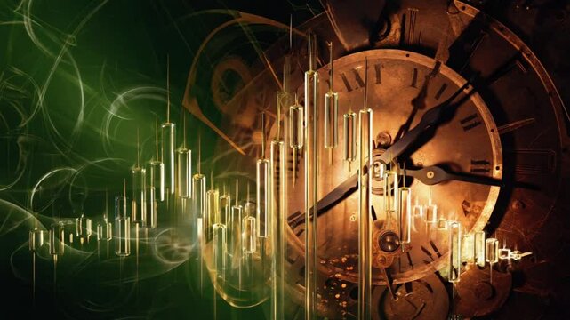 realistic cinematic video of translucent candlestick bars arranged Fibonacci spiral, bullish segments glowing gold, clock gears spinning, deep green abstract setting, 4K, hyperreal detail