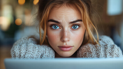 A young woman with a laptop, worried expression, hacked device concept