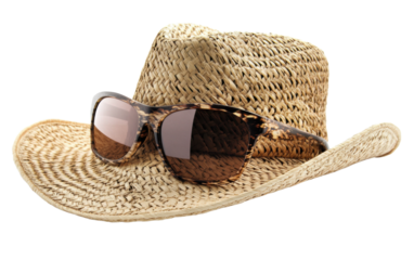 Straw hat with sunglasses on top of it on transparent or white background,png