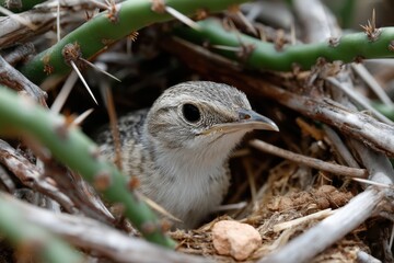 A close-up of a nestling bird, camouflaged among the thorns of its nest, illustrates the intricate details of nature's beauty and complexity.