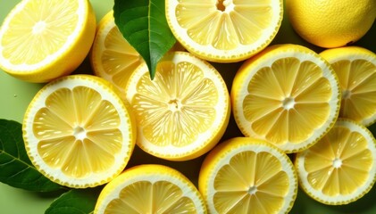 Composition of sliced lemons with lemon leaves, perfect for summer, zest, vibrant, tropical