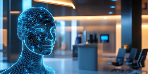 Futuristic hologram of human head with digital network, virtual reality.