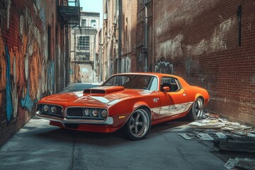 A classic orange muscle car parked in a narrow, graffiti-covered urban alleyway.