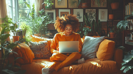 A young woman working on a laptop in a cozy, modern home office with plants
