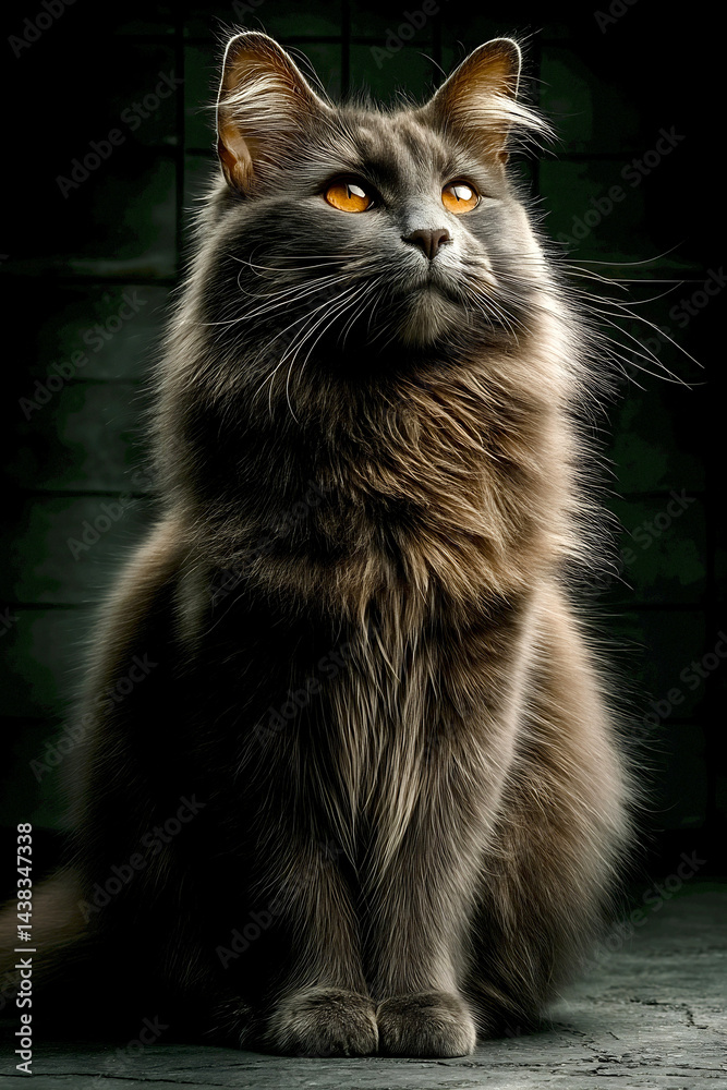 Poster majestic longhaired gray cat posing gracefully with an intense gaze and beautiful coat in moody ligh