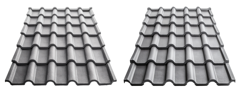 group of modular clay roof tiles in grey color isolated on white background