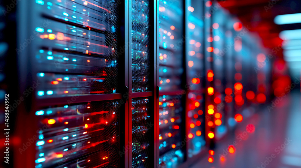 Aufkleber Modern data center with rows of server racks illuminated by vibrant red and blue lights creating a hightech environment : Generative AI