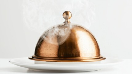 Bronze serving cloche raised with steam effect over white plate on white background.