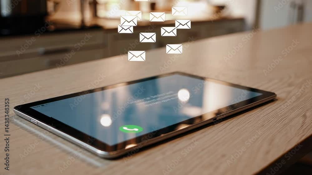 Aufkleber numerous email icons cascade onto a tablet displaying a call screen on a kitchen counter, symbolizin